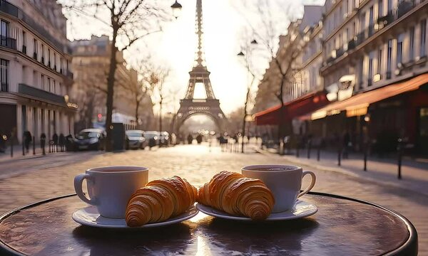 Parisian Breakfast: Croissants and Coffee with Eiffel Tower in the Background