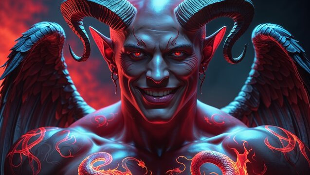 Smiling satan dark angel portrait, devil fantasy art background
