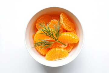 Fresh mandarin orange segments with dill in white bowl