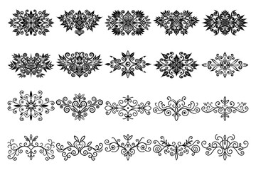 Obraz premium Collection displays fifteen elegant black ornamental floral elements, revealing meticulous curves and leaves, transparent background