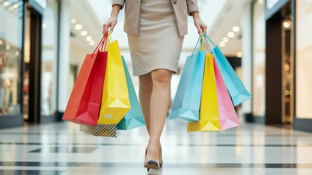 Stylish Woman Walking Through Shopping Mall with Many Colorful Bags - Retail Therapy, Consumerism, Sale Season, Slow Motion Footage