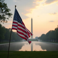 Naklejka premium American Flag Waving in Front of Washington Monument at Sunrise