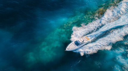 Luxury speedboat cruising in the Aegean Sea with soft light