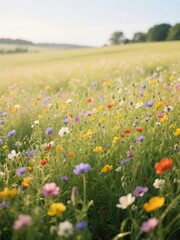 Obraz premium A vibrant meadow filled with colorful wildflowers under a soft, golden light.
