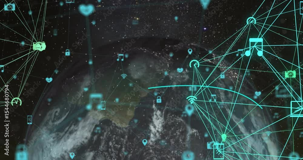 Poster starfield appearing rotating 3d earth, fading icons and emerging network arc showing data flow