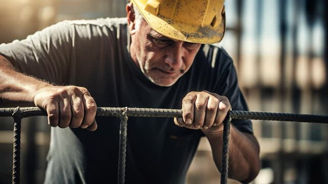 Construction worker wearing a yellow hard hat works with rebar at a Construction site during daylight