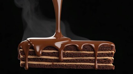 Pouring thick smooth chocolate over fresh cake in slow motion	