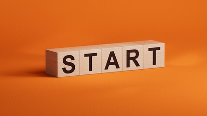 wooden cubes with the word start. To start a business, job, project or career concept.3D rendering on orange background.