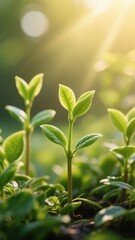 Obraz premium Young green plants growing under warm sunlight in a natural setting