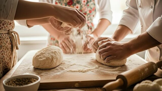 Three sets of hands collaboratively knead fresh dough on a flour-dusted wooden board preparing homemade baked goods.