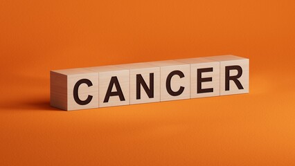 Text CANCER on wooden cubes. Square wood blocks. Top view, flat lay.close up of wooden cubes,Business Concept.3D rendering on orange background.