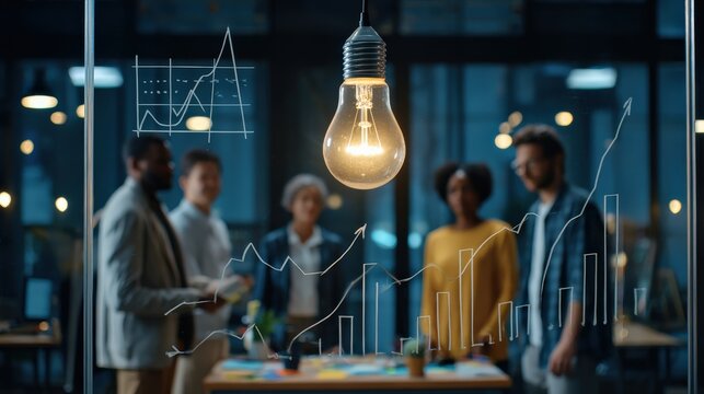 A glowing light bulb symbolizes ideas as a diverse team discusses business growth and strategy with charts and graphs overlayed in a modern office.