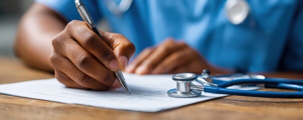 A healthcare professional in blue scrubs writes on a clipboard with a stethoscope nearby, symbolizing medical documentation and patient care.