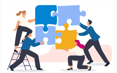 Business team fitting puzzle pieces together, illustrating a successful concept of teamwork and solution