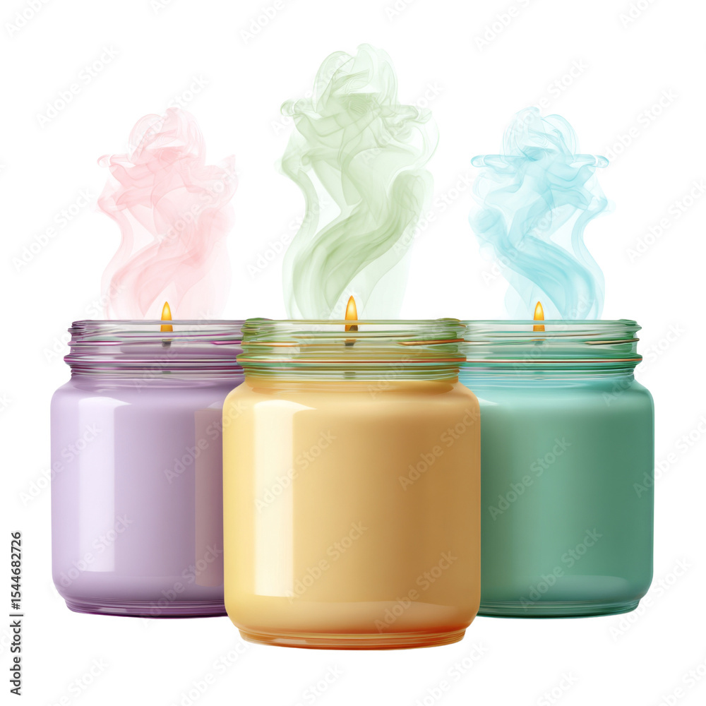 Poster aromatic candles in pastel colors with colorful smoke swirls. perfect for creating calming atmospher