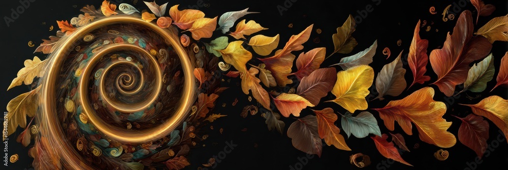 Poster abstract autumn ribbon spiraling into awareness symbols with vibrant leaves and swirling patterns