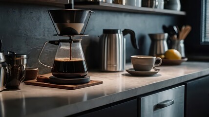 A pour over coffee maker brewing coffee on a kitchen counter with a cup and kettle nearby