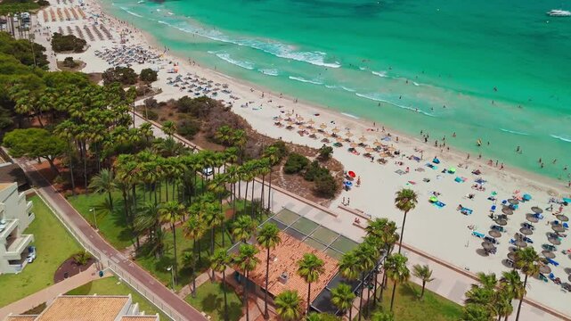 Aerial view of Platja de sa Coma beach in Mallorca, Balearic Islands, Spain.