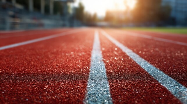 Close-up of a red running track with white lane markings, blurred background and bright sunlight creating a warm atmosphere.