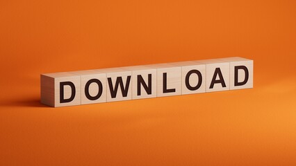 Download - word concept. Minimalist Abstract Design With close up of wooden cubes,3D rendering on orange background.