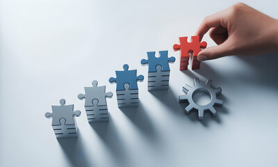 A hand places a red jigsaw puzzle piece atop a stack of gray and blue pieces, creating a rising pattern with a gear