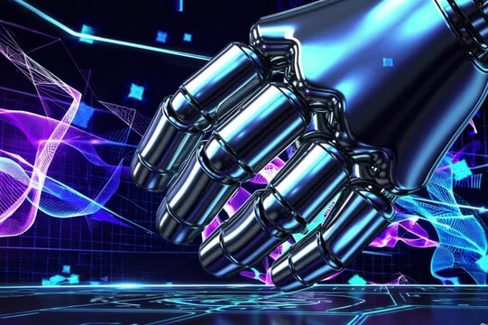 Futuristic Robot Hand Interacting with Floating 3D Data and Animated Digital Grids in High Definition AI Tech Environment