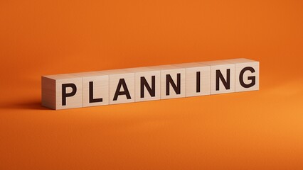 Planning.wooden cubes spelling.Flat lay view from above on orange background with wooden cubes buttons.IT technology concept.3D rendering on orange background.