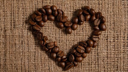 Heart shape made of coffee beans on a burlap background creating a rustic and warm coffee theme image