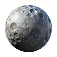 Detailed 3D render of a cratered moon, isolated on white background, showing grey and dark grey textures.