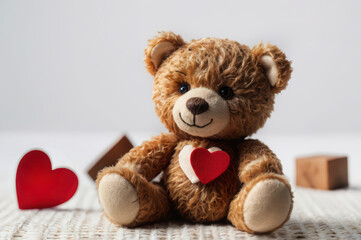 Obraz premium A teddy bear with a red heart on its chest sitting on a white surface with blocks and a heart near it