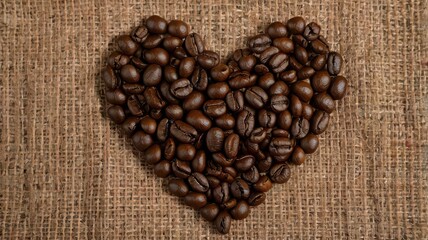 Heart shape made of coffee beans on a burlap sack background creating a love for coffee feeling