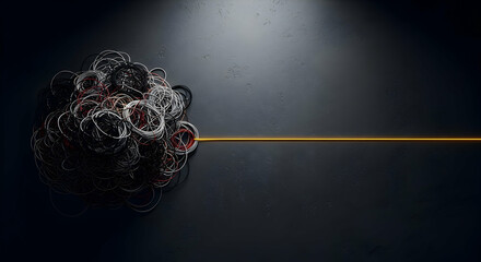A tangled mass of threads, with a single bright line extending from it, sits on a dark surface