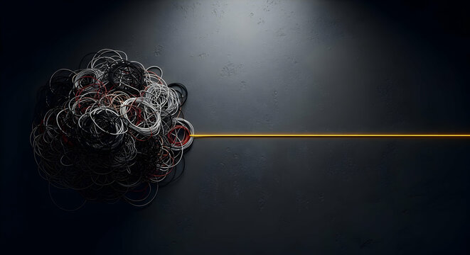 A tangled mass of threads, with a single bright line extending from it, sits on a dark surface