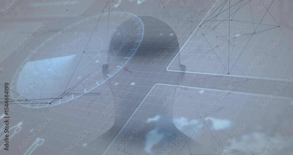 Poster at startup 3d head rotating to right profile with gauge arcing mesh shifting visualizing interface