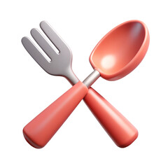 3D Render of Coral Pink Spoon and Fork Crossed, Isolated on White
