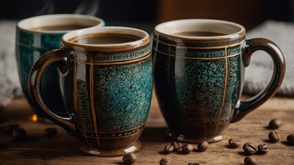 Three coffee mugs filled with coffee and coffee beans scattered on a wooden surface in soft lighting