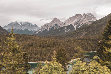 Fototapeta premium Panoramic view Zugspitze mountain alpine landscape in Alps Tyrol Austria.