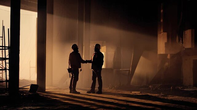 Two construction workers shake hands at sunset on a dusty job site in the united states - Powered by Adobe