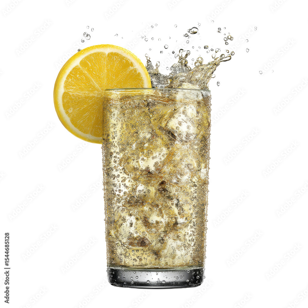 Aufkleber Refreshing sparkling drink with lemon slice and ice cubes, creating splash. Perfect for summer enjoyment