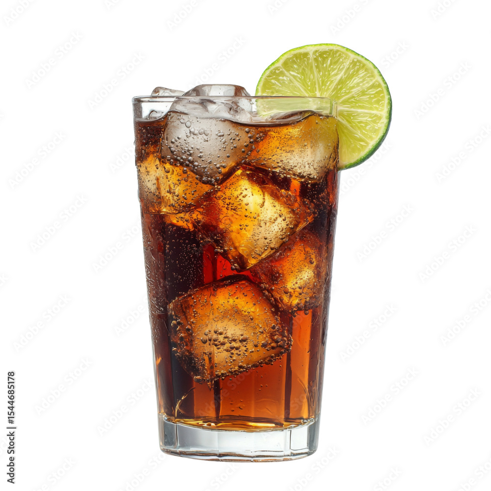 Poster refreshing beverage with ice and lime slice, perfect for hot days. enjoy fizzy taste of with citrus 
