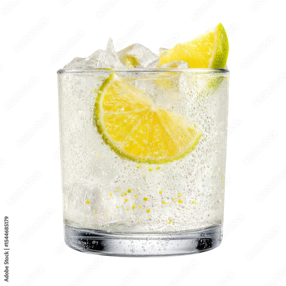 Poster refreshing cocktail with lime slices and ice in clear glass, showcasing bubbles and vibrant appearan
