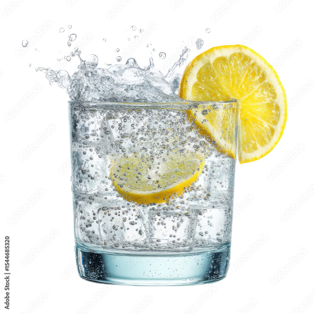 Poster refreshing lemon water with bubbles splashing in glass, showcasing vibrant lemon slices. perfect for