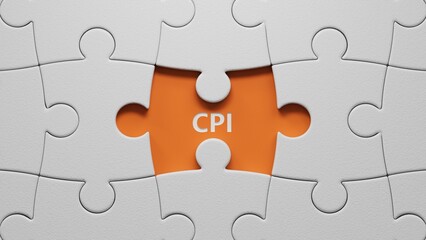 Fototapeta premium Wooden man shows with a hand to white board with text cpi.