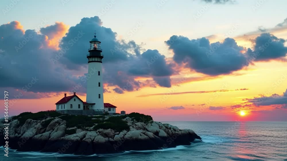 Poster a lighthouse stands tall on a small island, bathed in the golden light of a stunning sunset, creatin