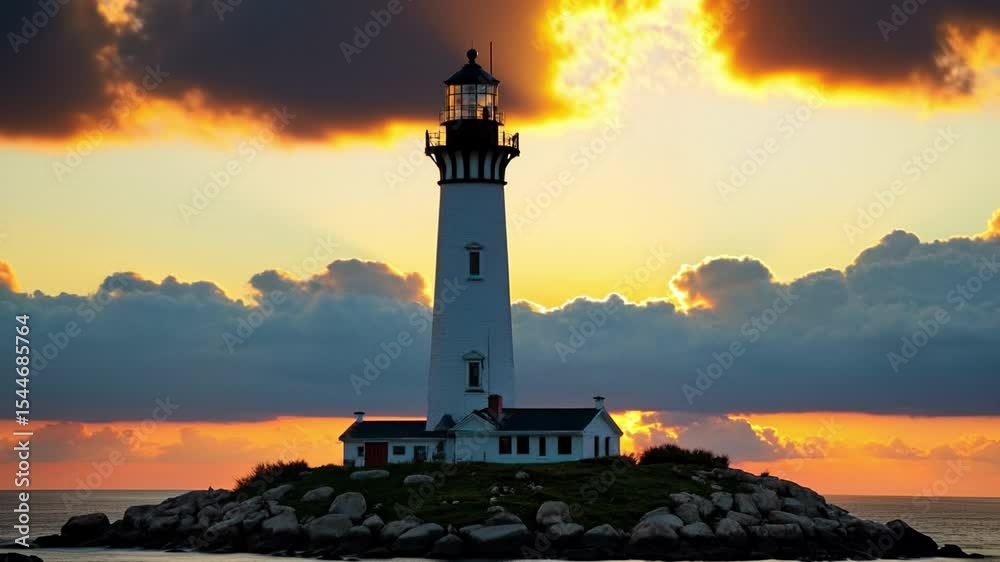Poster a lighthouse stands tall on a small island, bathed in the golden light of a stunning sunset, creatin
