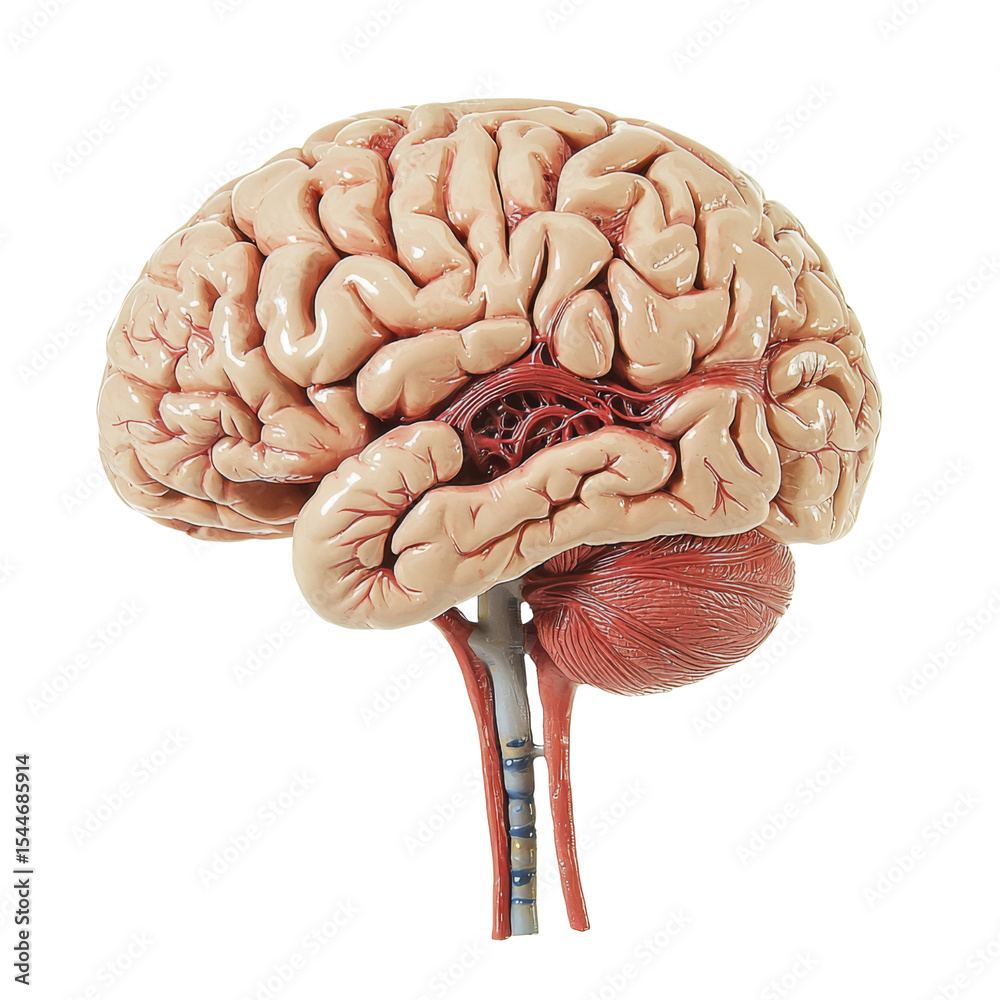 Poster Anatomical model of human brain showcasing detailed structures and blood vessels, emphasizing complexity of nervous system and its functions