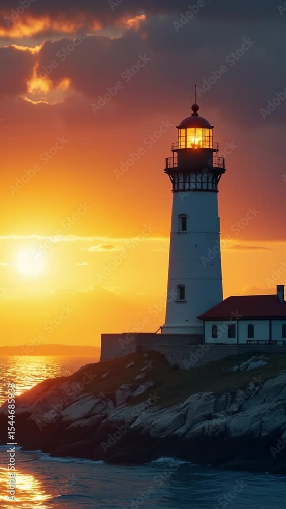 Poster a lighthouse stands tall on a small island, bathed in the golden light of a stunning sunset, creatin