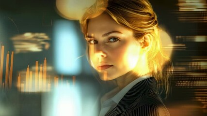 Professional woman with financial chart overlay, confident gaze, business portrait - Powered by Adobe
