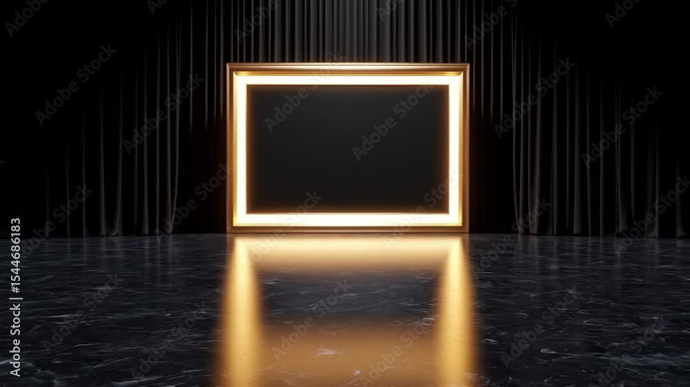 Poster A luxurious dark presentation stage with an illuminated gold rectangular frame for an exclusive event or product