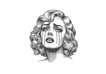 Detailed vintage illustration of a dramatically crying woman with retro hairstyle, isolated on white